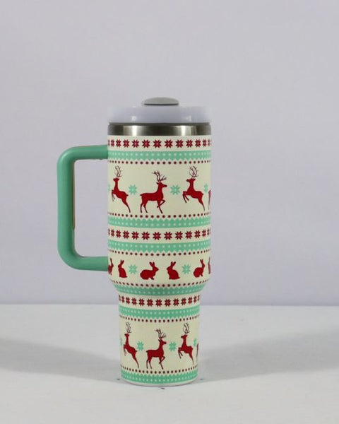 Festive Christmas Tumbler with Handle, Lid &amp; Straw – Large Stainless Steel Travel Mug