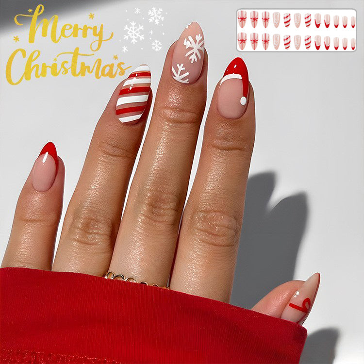 24pcs Christmas False Nails Hat Striped Snowflake Nail Art Stickers
