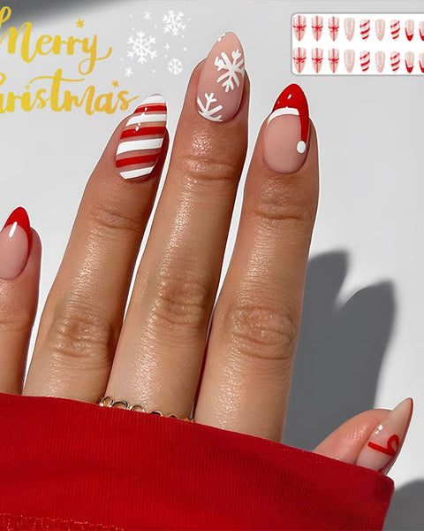 24pcs Christmas False Nails Hat Striped Snowflake Nail Art Stickers