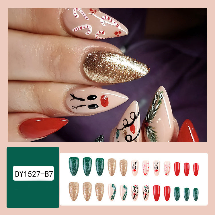 24pcs Christmas False Nails Hat Striped Snowflake Nail Art Stickers