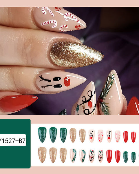 24pcs Christmas False Nails Hat Striped Snowflake Nail Art Stickers