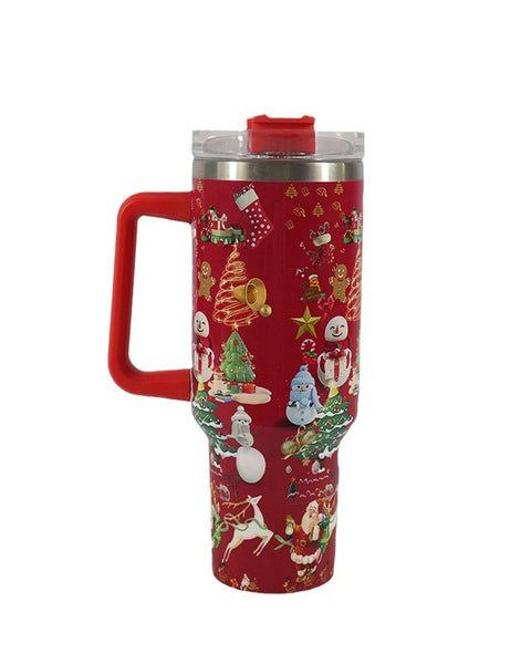 Festive Christmas Tumbler with Handle, Lid &amp; Straw – Large Stainless Steel Travel Mug