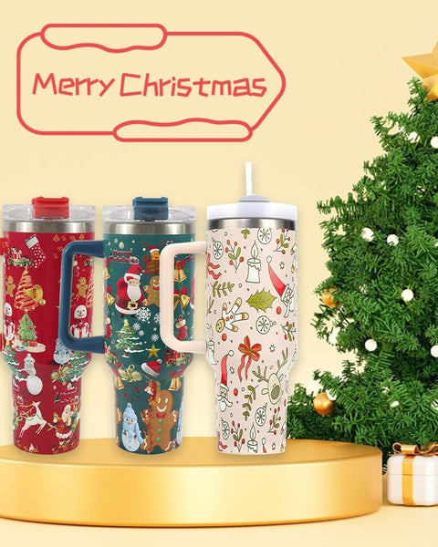 Festive Christmas Tumbler with Handle, Lid &amp; Straw – Large Stainless Steel Travel Mug