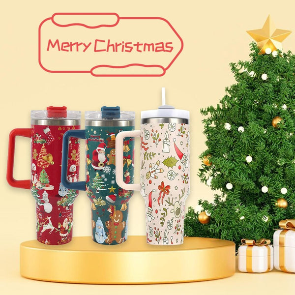 Festive Christmas Tumbler with Handle, Lid &amp; Straw – Large Stainless Steel Travel Mug