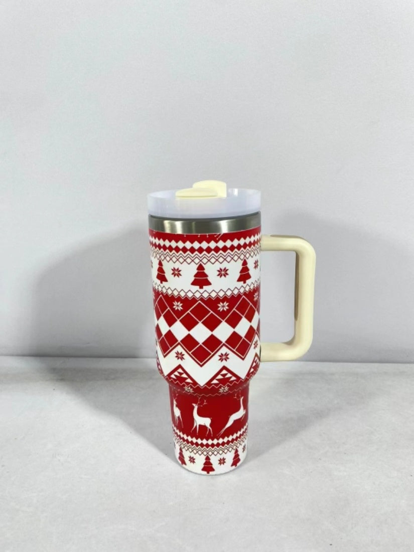 Festive Christmas Tumbler with Handle, Lid &amp; Straw – Large Stainless Steel Travel Mug