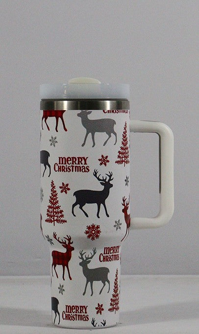 Festive Christmas Tumbler with Handle, Lid &amp; Straw – Large Stainless Steel Travel Mug