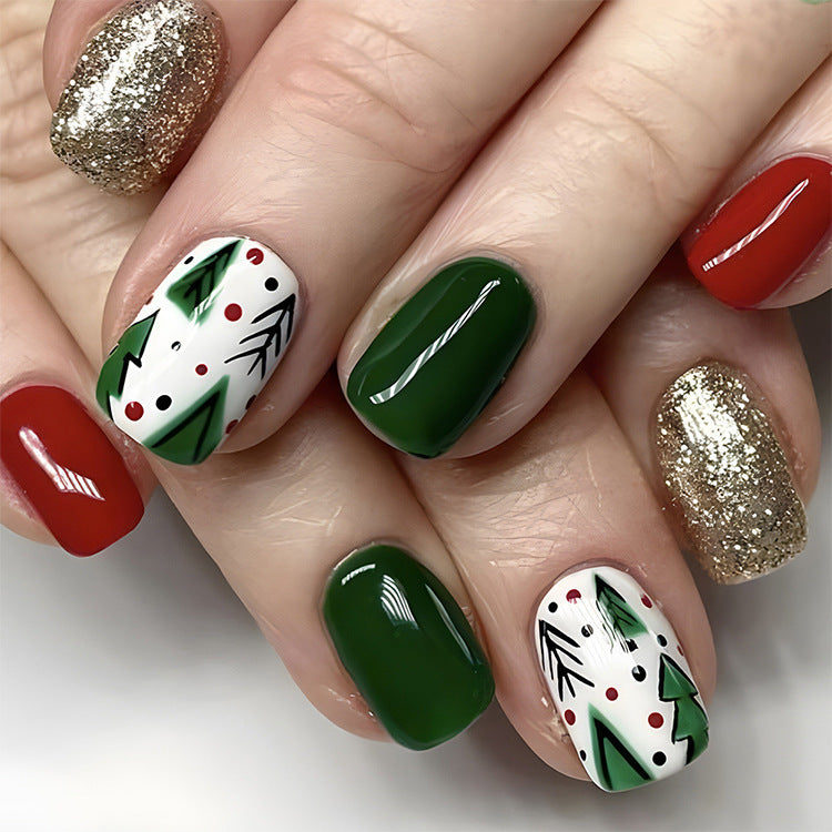 24pcs Christmas False Nails Hat Striped Snowflake Nail Art Stickers