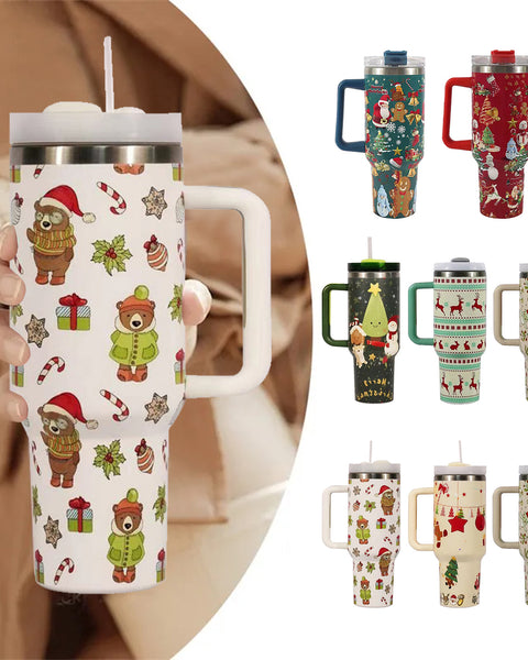 Festive Christmas Tumbler with Handle, Lid &amp; Straw – Large Stainless Steel Travel Mug