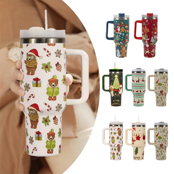 Festive Christmas Tumbler with Handle, Lid &amp; Straw – Large Stainless Steel Travel Mug