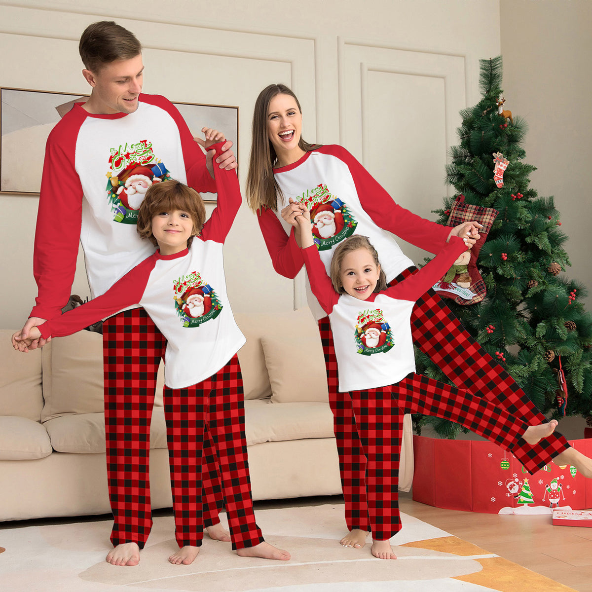 Matching Family Christmas Pyjamas – Plaid Pants & Long Sleeve Tops