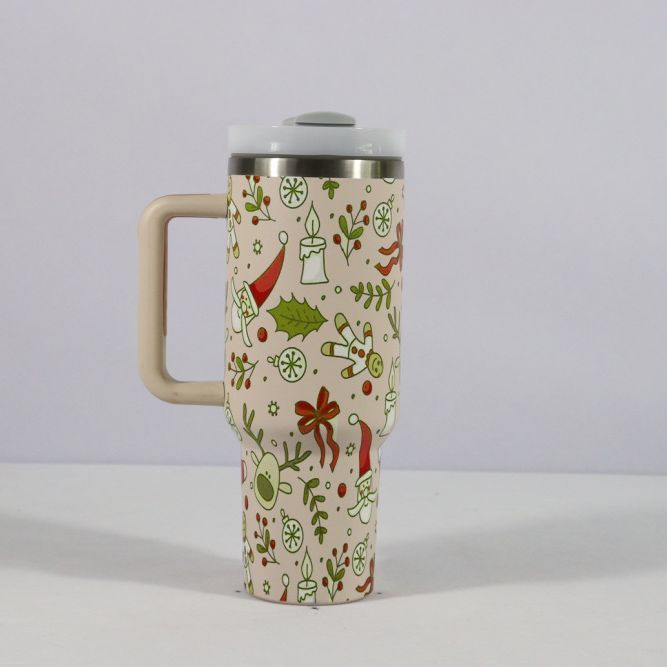 Festive Christmas Tumbler with Handle, Lid &amp; Straw – Large Stainless Steel Travel Mug