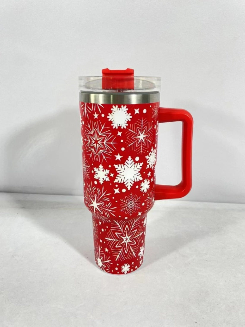 Festive Christmas Tumbler with Handle, Lid &amp; Straw – Large Stainless Steel Travel Mug