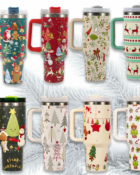 Festive Christmas Tumbler with Handle, Lid &amp; Straw – Large Stainless Steel Travel Mug