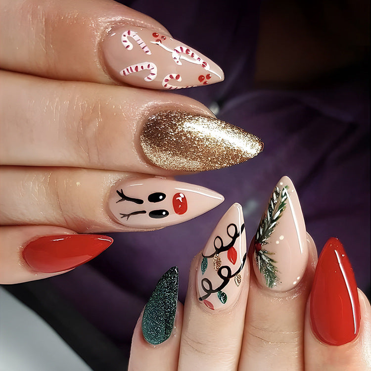 24pcs Christmas False Nails Hat Striped Snowflake Nail Art Stickers