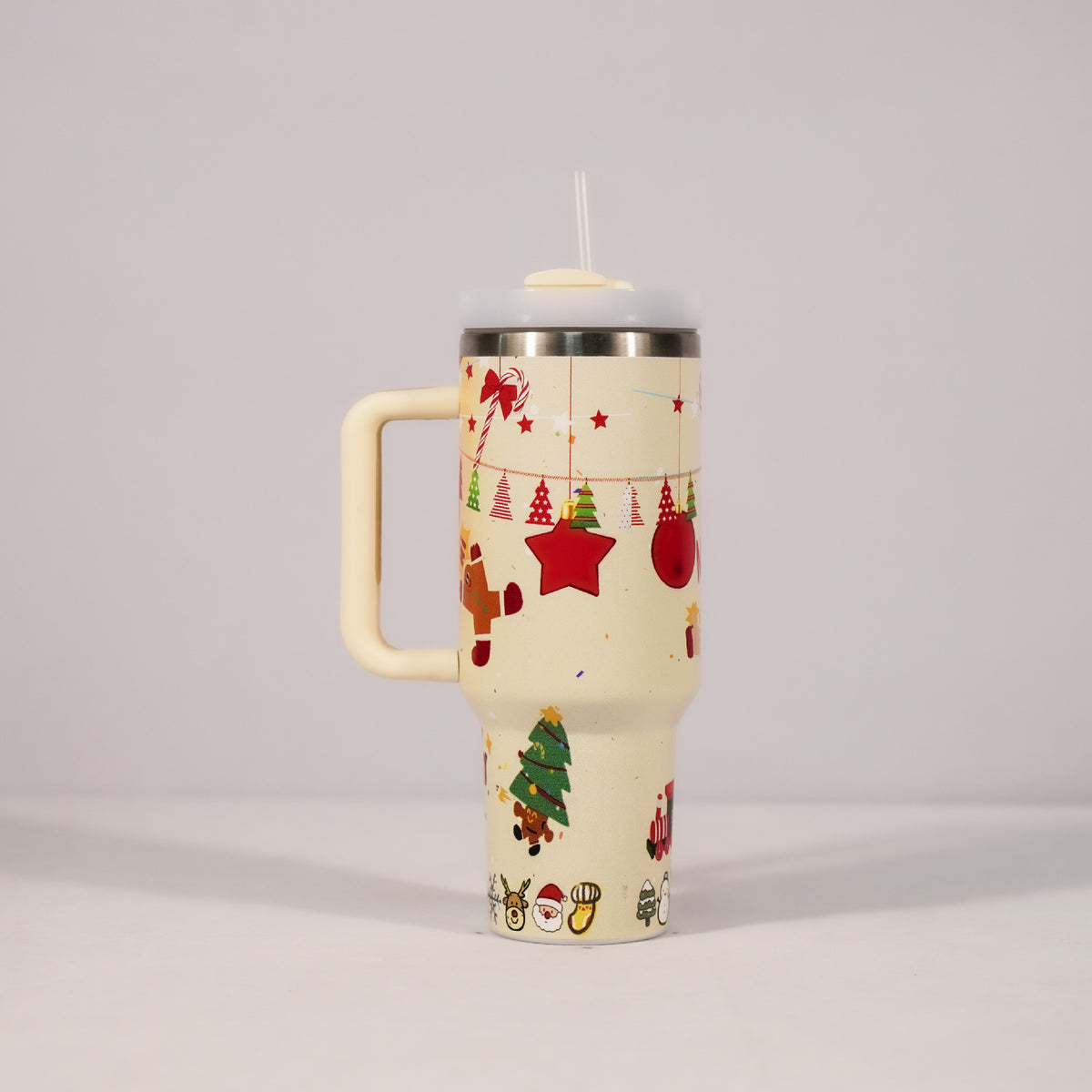 Festive Christmas Tumbler with Handle, Lid &amp; Straw – Large Stainless Steel Travel Mug